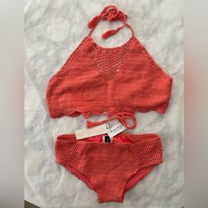 MinkPink Pac Sun Dreamweaver Peach Crochet Bikini Medium NWT